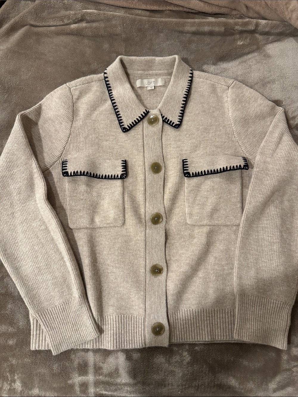 LOFT Cream Knit Button-Front Cardigan with Black Contrast Stitching